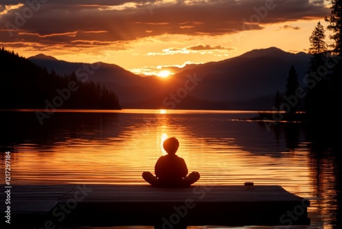 A person sitting cross-legged on a wooden pier, meditating as the sun sets over calm waters
