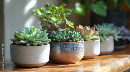 Succulent plants arranged in pots on a wooden table in a bright interior setting