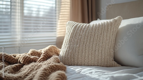 Cozy bedroom setting with soft blanket and textured pillow on the bed