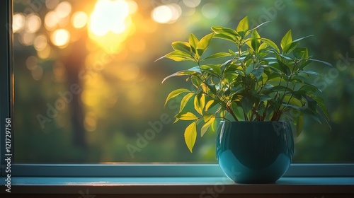 Fresh green herbs in a pot on a windowsill with warm sunlight shining through...
