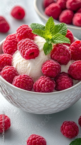 Creamy vanilla ice cream topped with fresh raspberries and mint leaves in a bowl