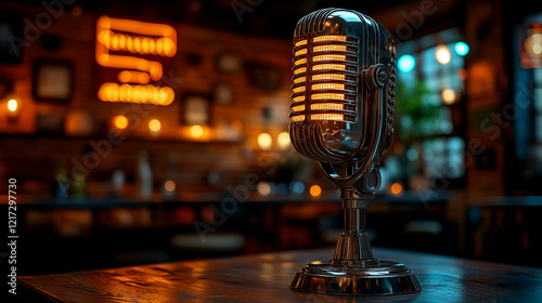 Live music event with vintage microphone cozy bar nighttime atmosphere photo