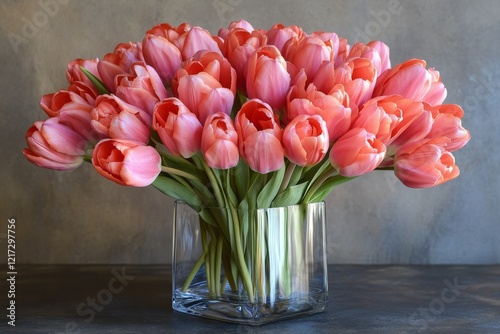 Beautiful bouquet of pink tulips arranged in a clear glass vase on a simple b...