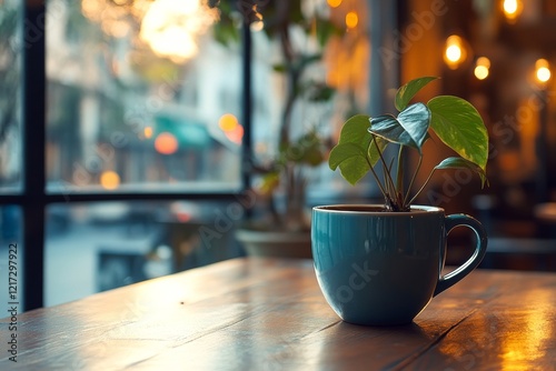 Small green plant in white cup placed on wooden table with warm sunlight in t...