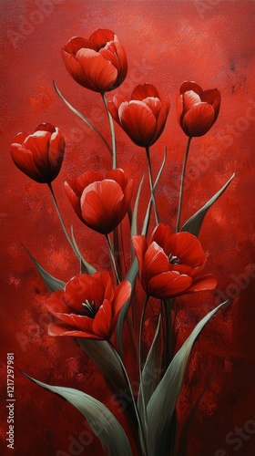 Blooming red tulips against a vivid red background in a stunning floral arran...