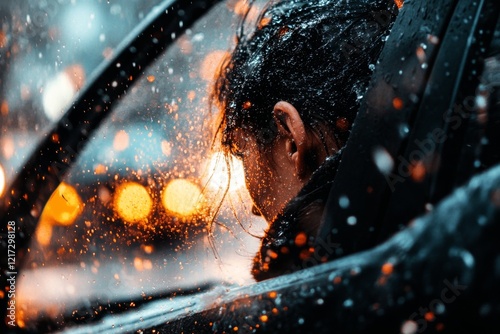 A person slamming a car door shut in anger, their face turned away but their body language tense and rigid photo