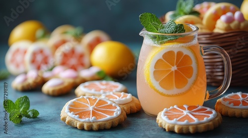 Refreshing lemonade with lemon slices and mint served with colorful cookies a...