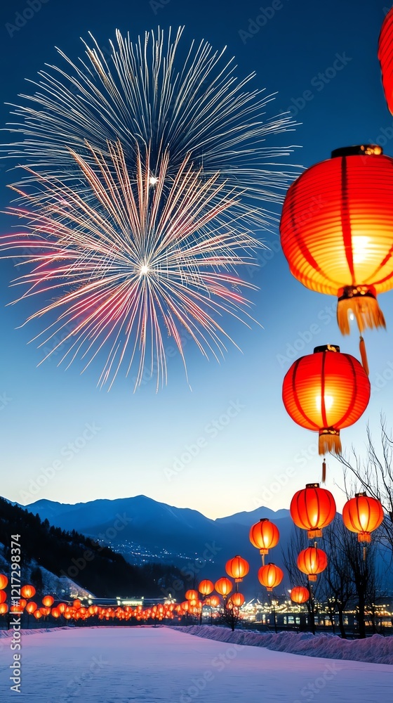 Obraz premium Vibrant fireworks over a snowy landscape, with glowing red lanterns lining the trees