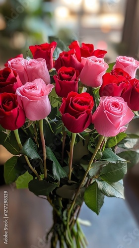 Beautiful bouquet of red and pink roses arranged elegantly for a special occa...