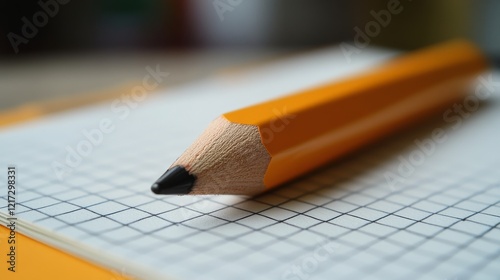 Close-up of an orange pencil resting on a grid notebook page with soft lighti...