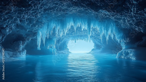 A fantastical view of gargantuan ice sculptures akin to frozen waterfalls, casting mysterious shadows on a snowy surface. Ethereal Ice Crystals. Illustration