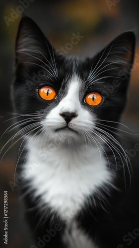 Black and white cat with striking orange eyes among blooming flowers in a garden