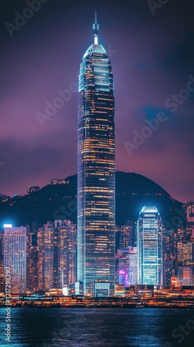 City skyline illuminated at night with busy street and glowing windows
