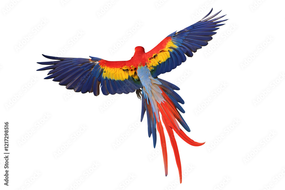 Obraz premium Beautiful feathers on the back of Scarlet Macaw parrot isolated on transparent background png file 