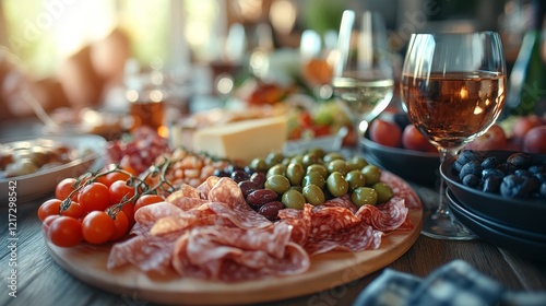 Enjoying a vibrant spread of meats, cheeses, and wine at a cozy gathering wit...