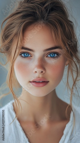 Striking portrait of a young woman with blue eyes and natural makeup in a ser...