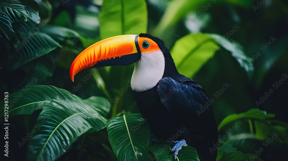 Obraz premium Vibrant Toucan Perched Against a Lush Green Leafy Background
