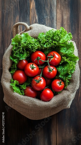 Fresh tomatoes and green lettuce in a burlap sack on a wooden table