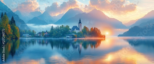 Hallstatt, the iconic Austrian town, is a breathtaking sight in the early morning, with its backdrop of mountains, houses, and a teal sky mirrored in the lake's water