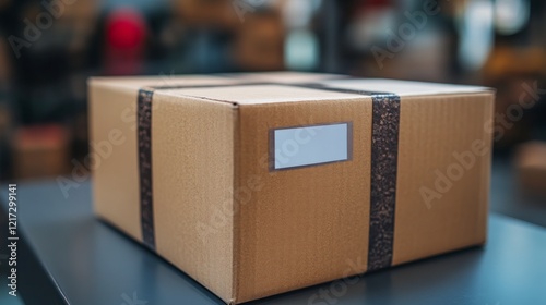 Cardboard box ready for shipment at a warehouse loading area during daylight ...
