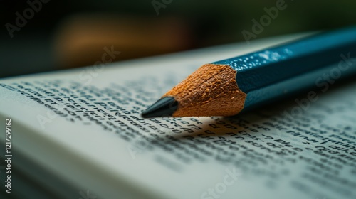 Writing tools close up on open book with pencil resting on pages in soft ligh...