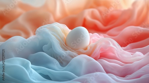 Simple white egg resting on soft, pale fabric in a serene setting