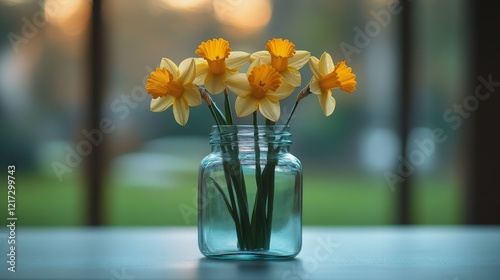 Daffodils blooming in a glass jar amidst a sunlit garden during springtime