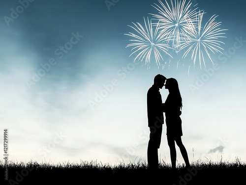 A couple silhouetted against a sky lit up by fireworks, symbolizing love and new beginnings photo