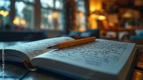 Close-up of an orange pencil resting on a grid notebook page with soft lighti...