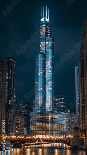City skyline illuminated at night with busy street and glowing windows