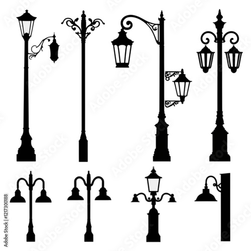set of street lamps isolated on white background. Cut out
