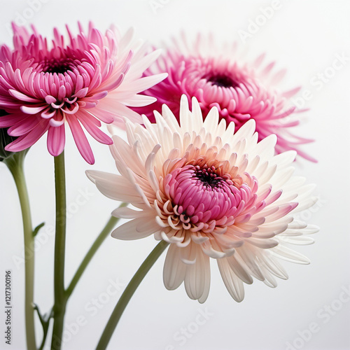 Elegant pink and white chrysanthemum close-up on a white background
