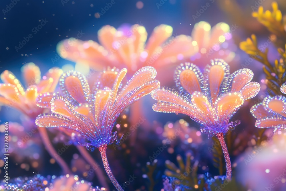 Fototapeta premium A close-up view of a stunning coral polyps colony, highlighting the vivid neon colors and delicate, flower-like structures swaying in the gentle current