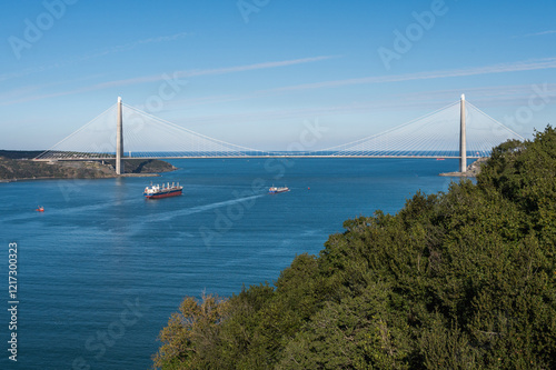 The Bosphorus flows into the Black Sea, view from the Yoros fortress, Anadolu Kavağı, Istanbul, Turkey. Sunny day photo