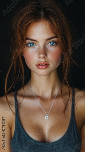 Striking portrait of a young woman with blue eyes and natural makeup in a ser...