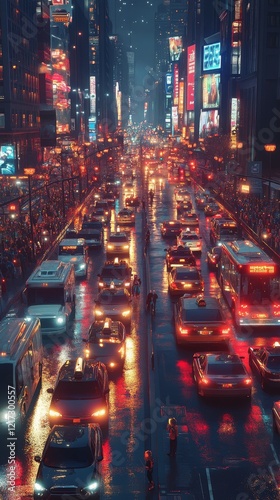 Traffic congestion in Times Square at night with bright lights and busy atmos...