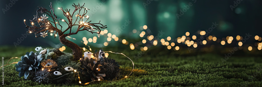 Fototapeta premium Enchanting Halloween Fairy Tree with Lights Moss and Eyes