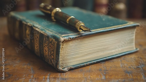 Open aged notebook with a pen on a rustic wooden surface ready for writing id...