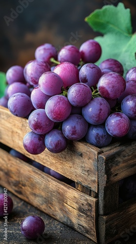 Freshly harvested grapes in a rustic wooden crate with green leaves