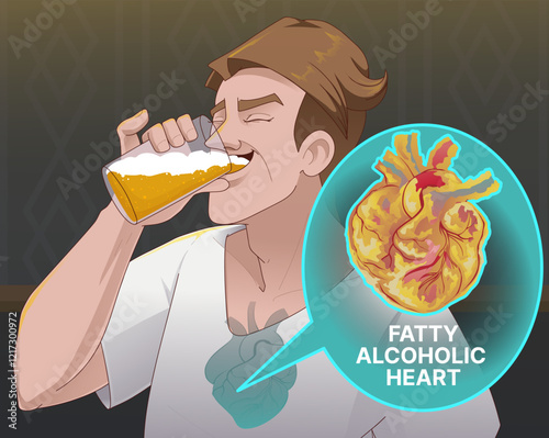 A man drinks beer. The harm of alcohol. Heart disease. Fatty heart. Alcoholic cardiomyopathy. Long-term consumption of alcohol leads to heart failure. Educational illustration. Healthcare illustration