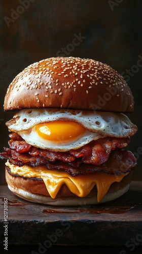 Delicious breakfast burger with egg, bacon, and cheese served on a sesame see...