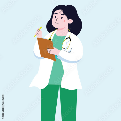 Female doctor with a white coat holding a clipboard and a pen with a stethoscope