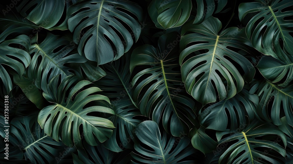 A dense arrangement of dark green palm leaves with visible veins creating a natural tropical background. A dense arrangement of dark green palm leaves with visible veins creating a natural tropical background.