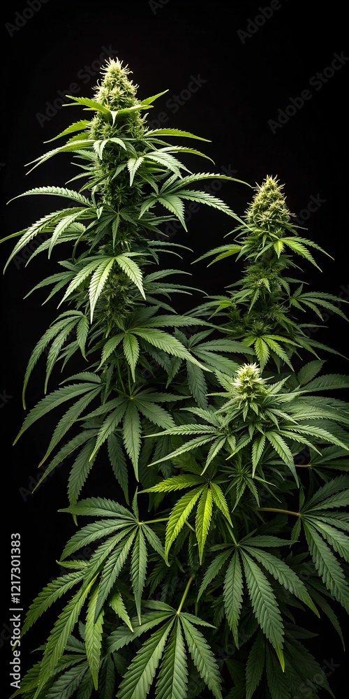 Lush cannabis plants with vibrant green leaves and budding flowers displayed against a sleek black background, highlighting their intricate details and natural beauty. Lush cannabis plants with vibrant green leaves and budding flowers displayed against a sleek black background, highlighting their intricate details and natural beauty.
