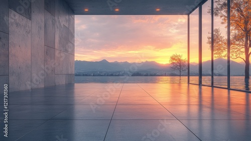 Modern interior with large windows showcasing a sunset over mountains and trees
