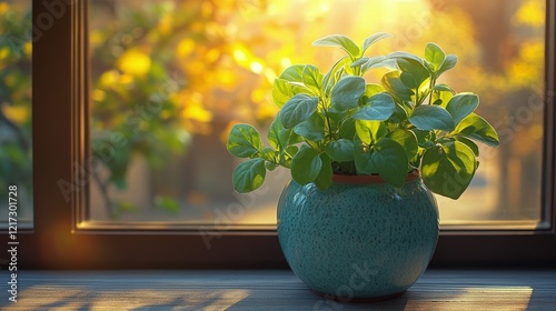 Beautiful green plant in a pot near a window with warm sunlight and autumn fo...