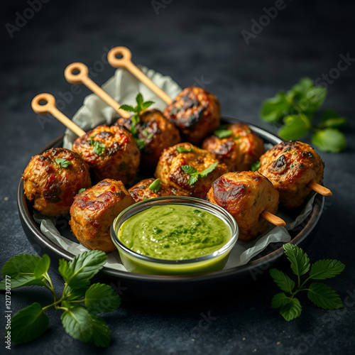 hara bhara kabab or kebab is indian vegetarian snack recipe served with green mint chutney over moody background photo