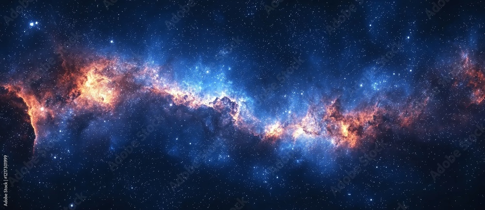 Fototapeta premium An equirectangular projection of a 3D cartoon rendered space scene featuring nebula and stars, offering a 360-degree HDRI map and environment