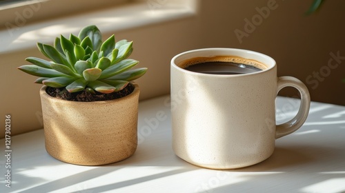 Morning light illuminates a coffee cup beside a succulent plant on a wooden t...