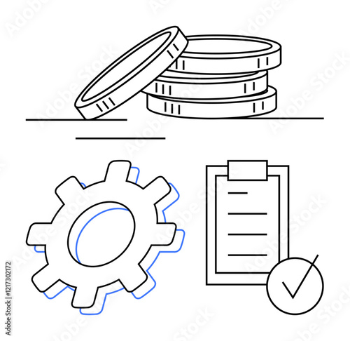 Stacked coins for finance, checklist with tick for task completion, gear for operation. Ideal for business strategy, project management, cost optimization, workflow, efficiency, success abstract